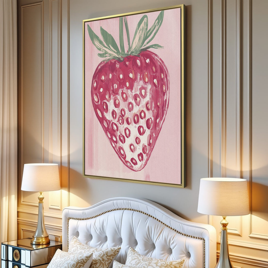 Canvas Print of a vibrant strawberry, painted in a modern style with a pink and red color palette. Perfect wall art for your home!