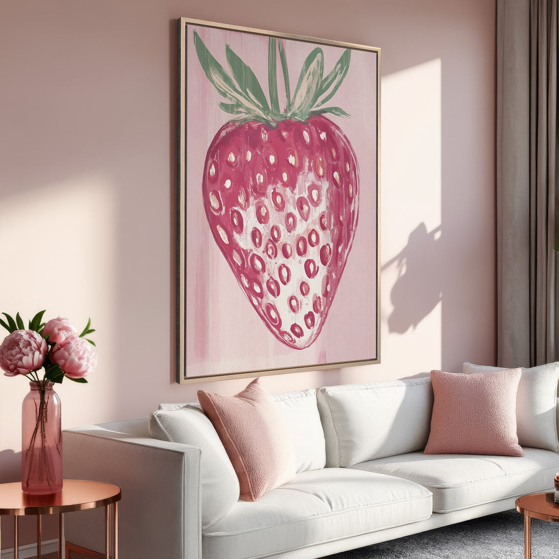 Framed Wall Art: Whimsical strawberry painting in a blush pink palette. Perfect for adding a touch of art and color to your living room decor.