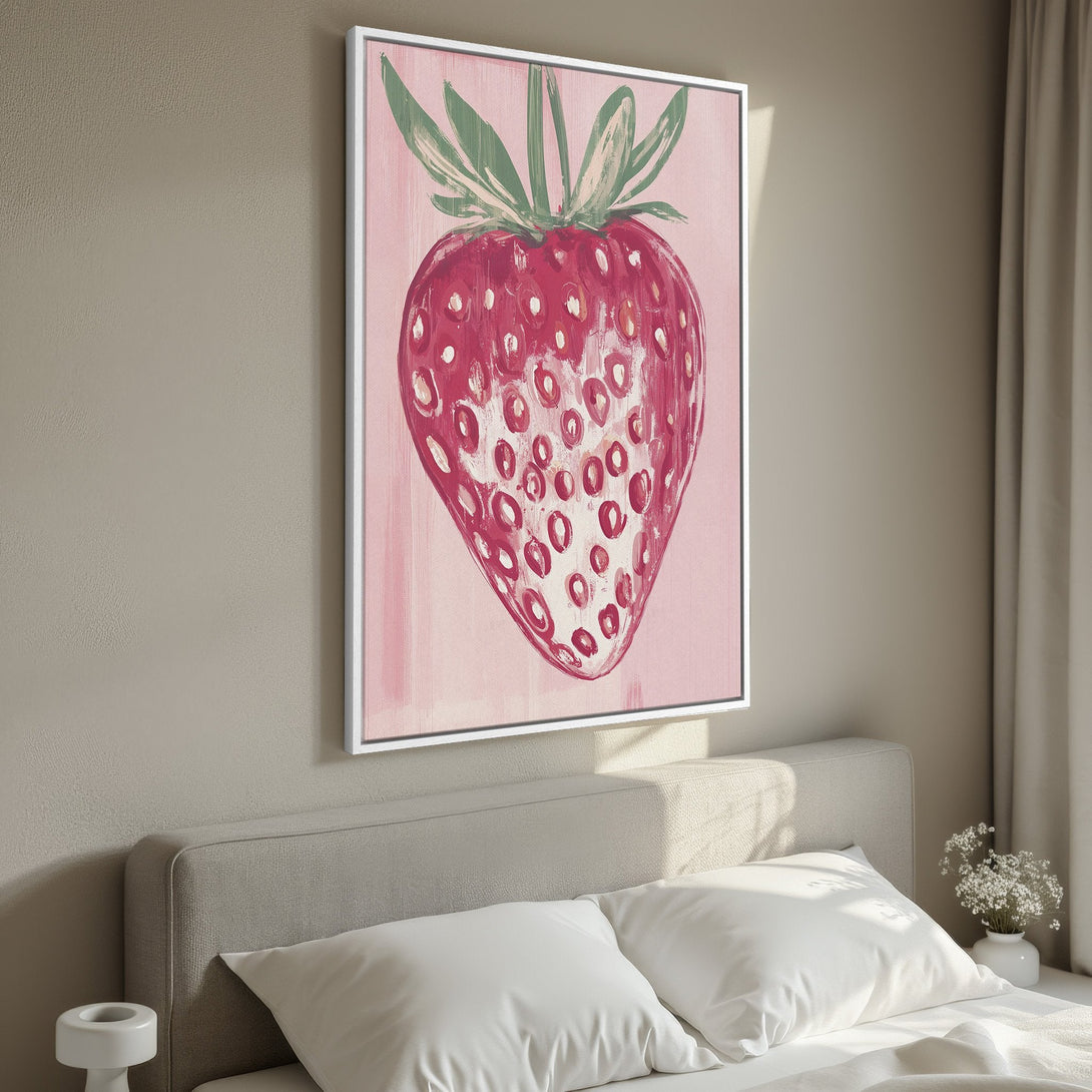 Framed Wall Art: Bold strawberry painting in pink and red hues. Modern, colorful canvas print perfect for adding a pop of art to your bedroom decor.