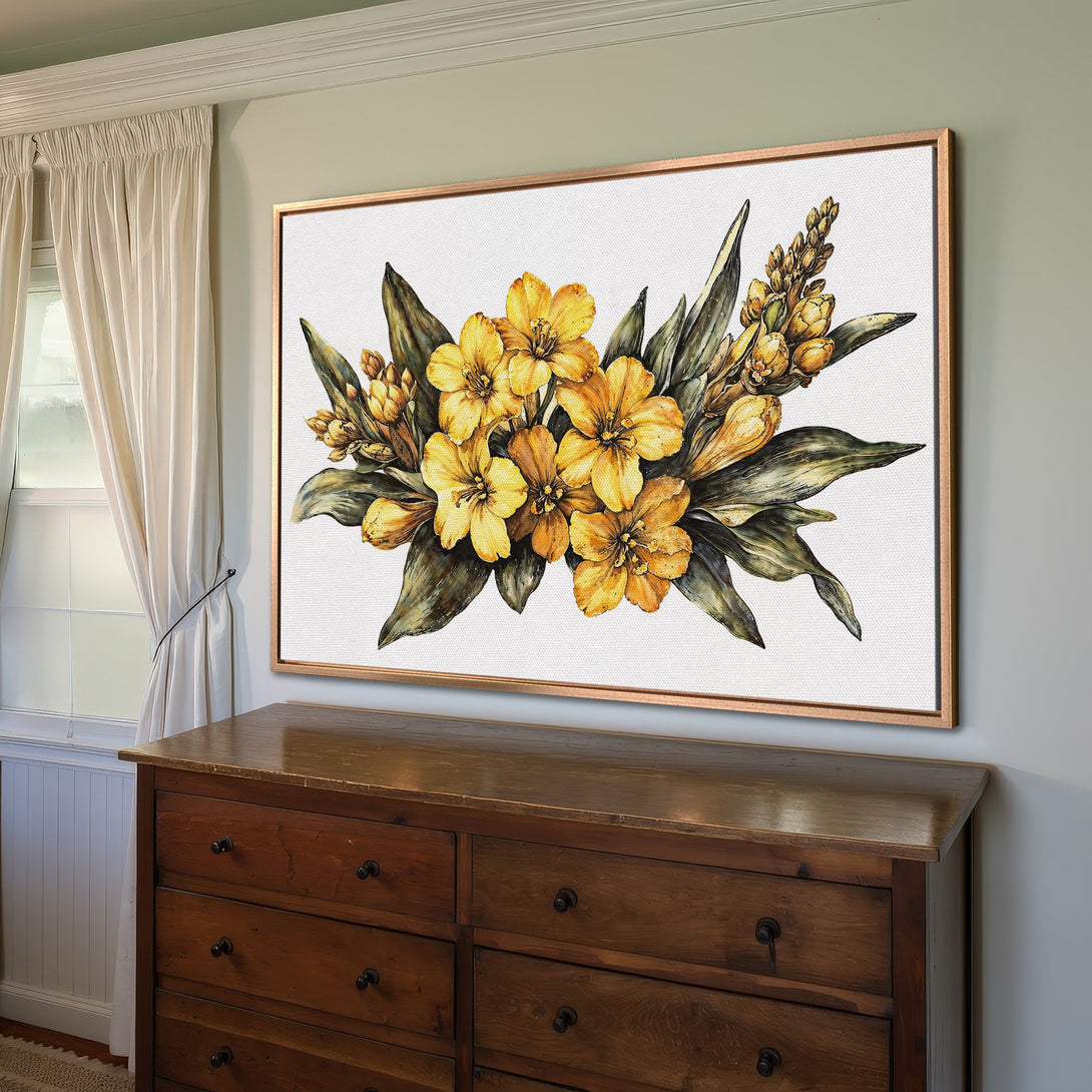 Framed Wall Art featuring a watercolor floral arrangement in yellow and green hues. Perfect for adding a touch of elegance to any room.