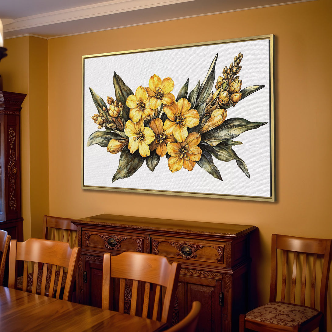 Canvas Print of a watercolor floral arrangement in yellow and green hues, perfect for adding a touch of nature to your home decor.