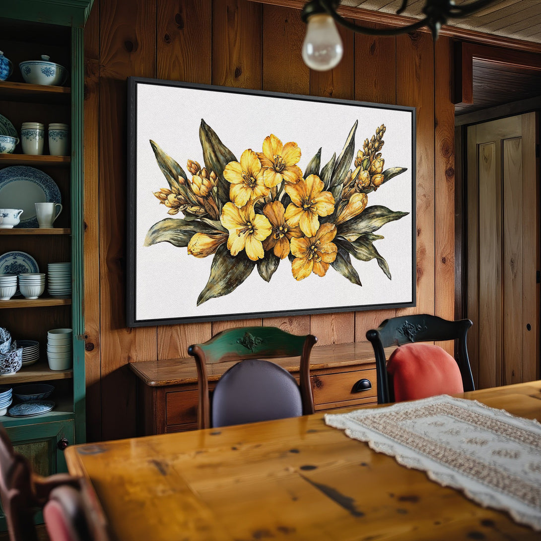 Framed Wall Art: Watercolor floral print in yellow and green. Adds a touch of nature to any room. Perfect for a rustic, warm interior.