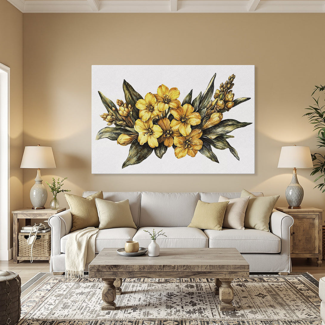 Framed Wall Art featuring a watercolor floral arrangement in yellow and green hues, perfect for adding a touch of elegance to any room.