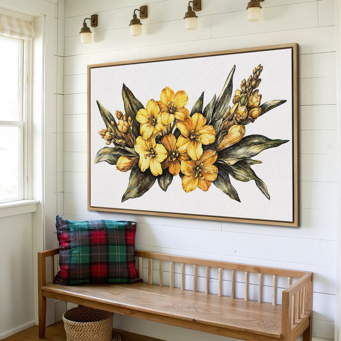 Framed Wall Art of a watercolor floral bouquet in yellow and green hues. Perfect for adding a touch of nature and elegance to any space.