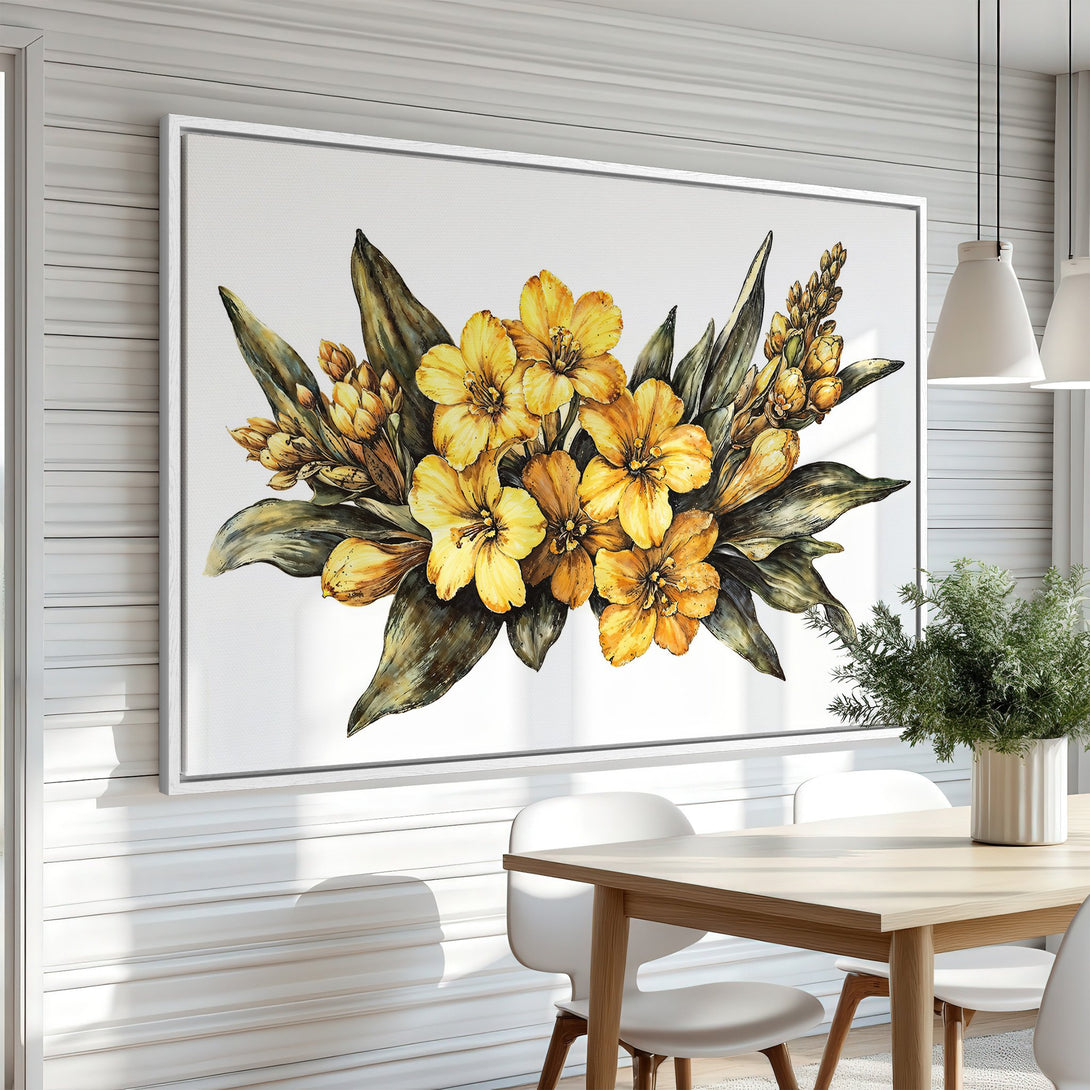 Framed Wall Art featuring a watercolor floral arrangement in yellow and green hues, perfect for adding a touch of nature to your dining room.