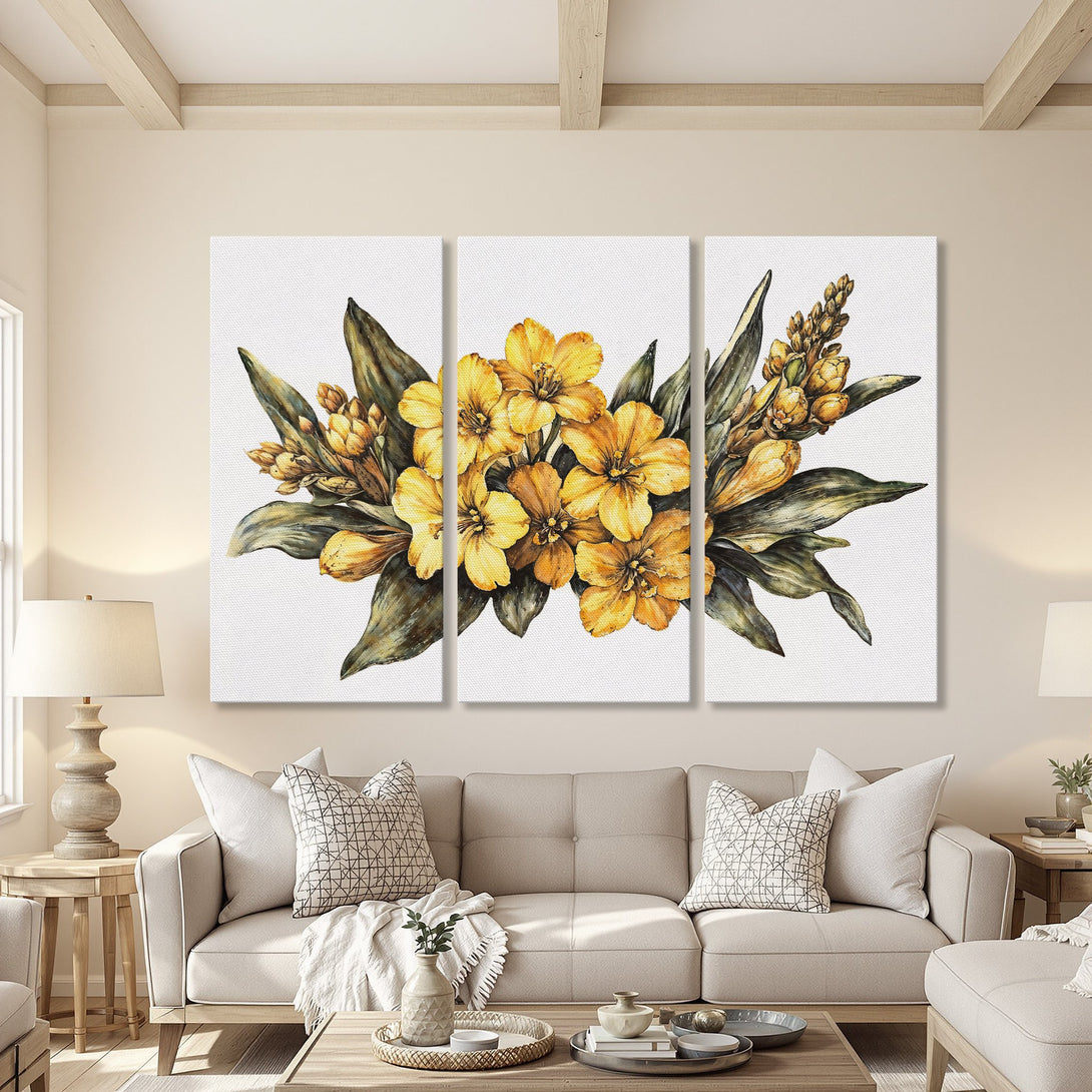 Canvas Print of yellow floral watercolor art, perfect for adding a touch of natural elegance to any room. Warm, inviting color palette.