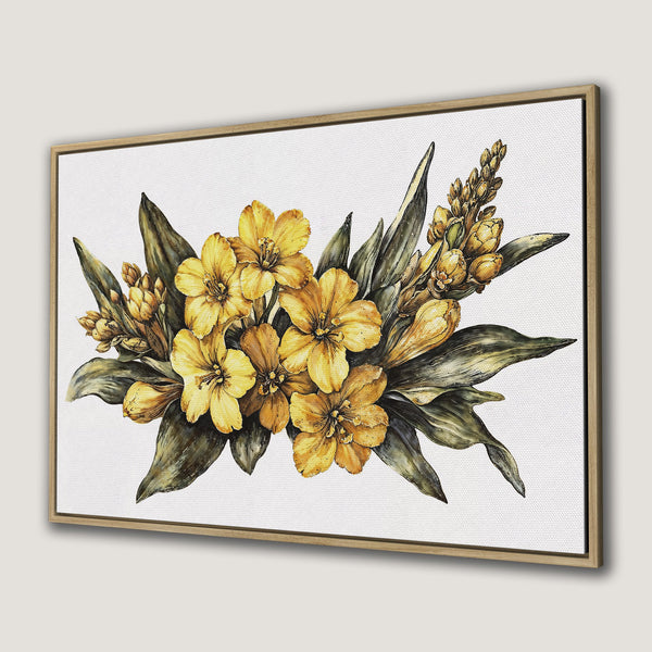 Framed Wall Art featuring a watercolor floral arrangement in yellow and green. Perfect for adding a touch of nature to your home decor.