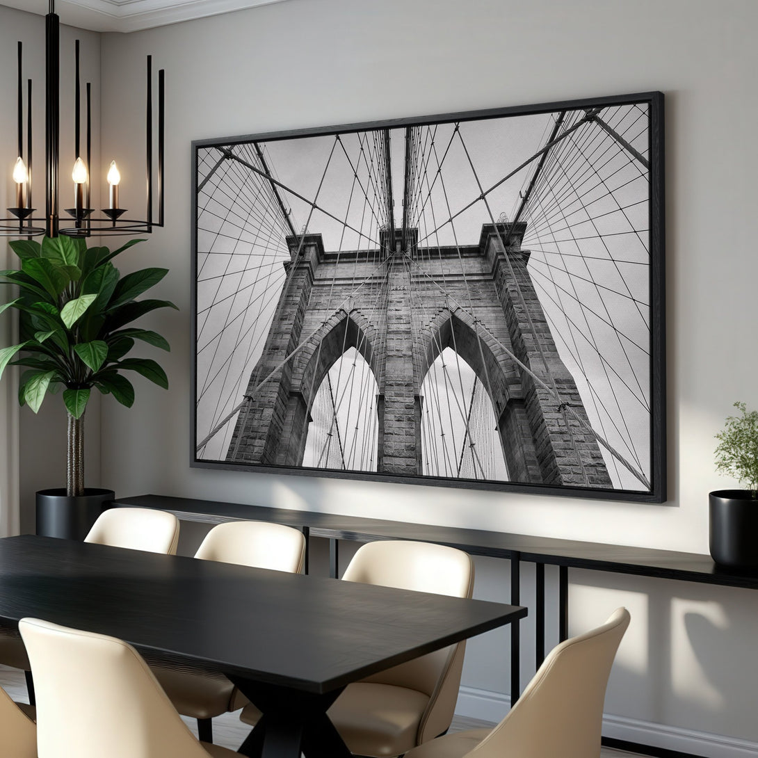 Framed Wall Art: Brooklyn Bridge in black and white. Modern decor with a minimalist interior design. Perfect for home or office.