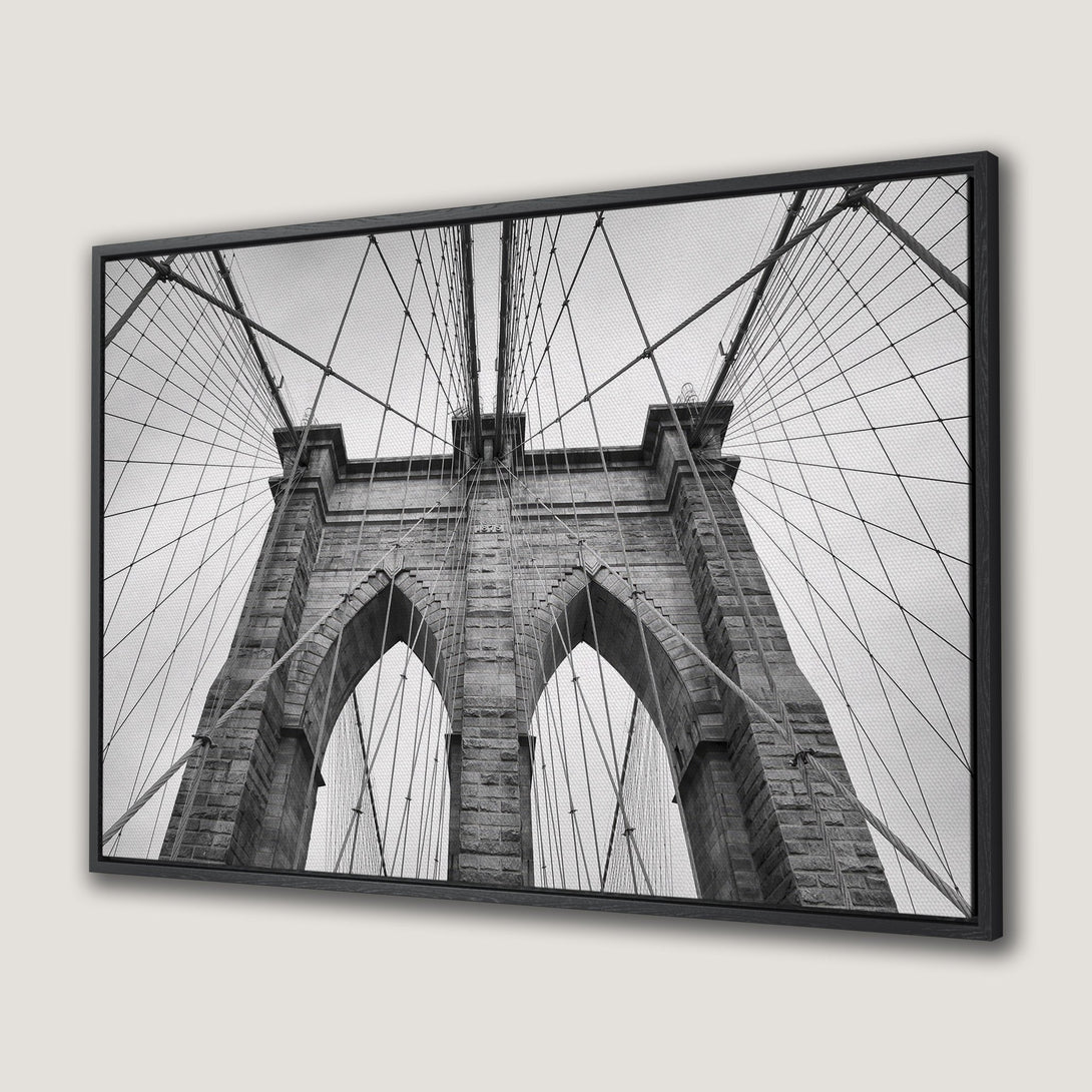 Framed Wall Art of Brooklyn Bridge in grayscale. Modern, architectural canvas print perfect for any home decor.