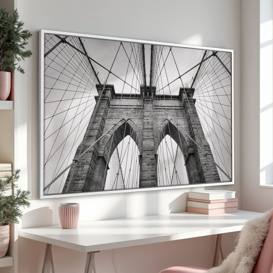 Framed Wall Art: Black and white Brooklyn Bridge photo. Modern, minimalist art print in a neutral color palette, perfect for any interior design.