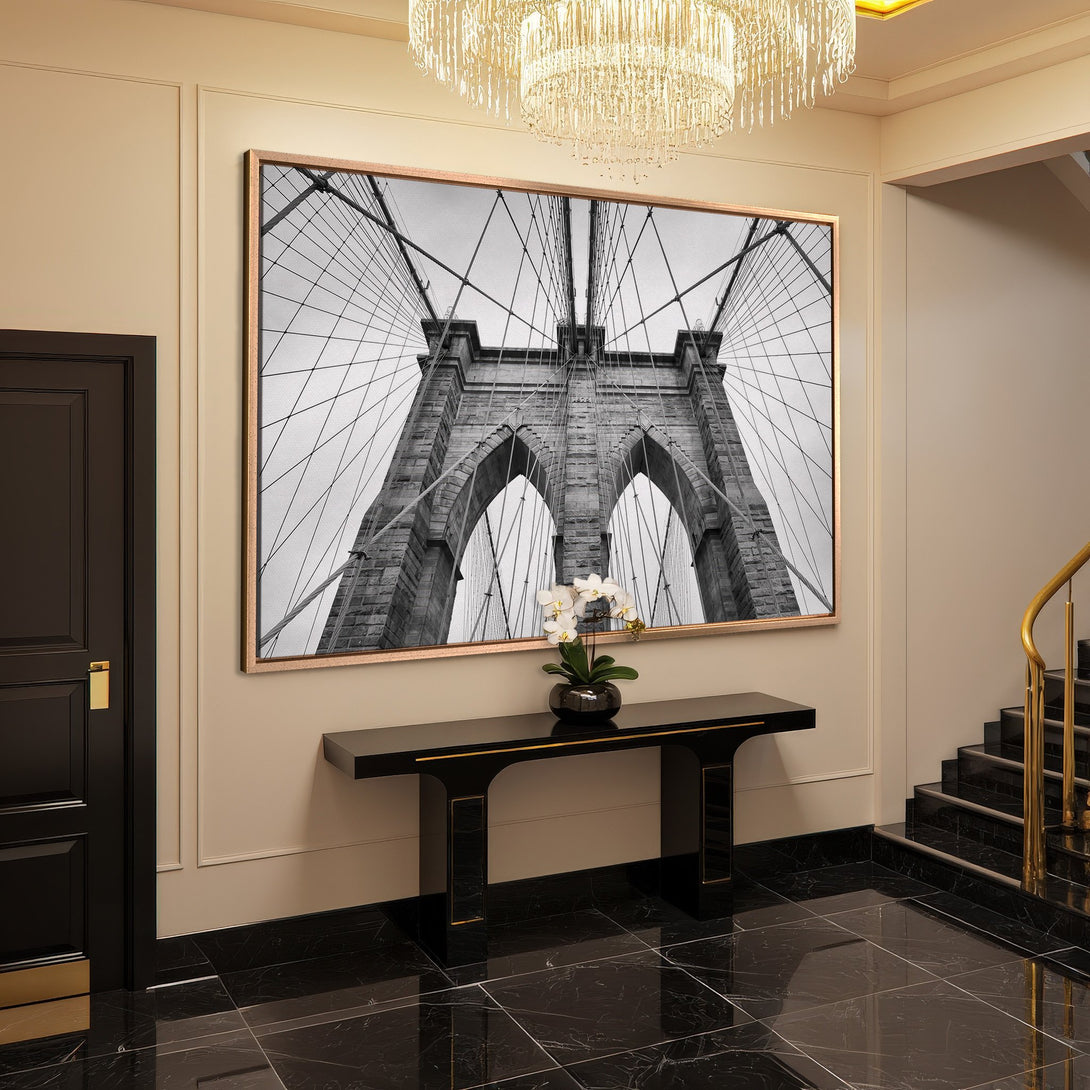 Framed Wall Art: Brooklyn Bridge Canvas Print in grayscale, adds a touch of elegance to any interior. Transform your space with this stunning artwork!
