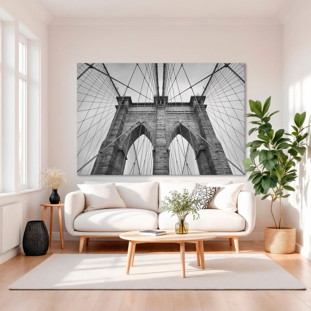 Framed Wall Art: Brooklyn Bridge in black and white. Modern art print with gold frame, perfect for living room decor. Neutral color palette.