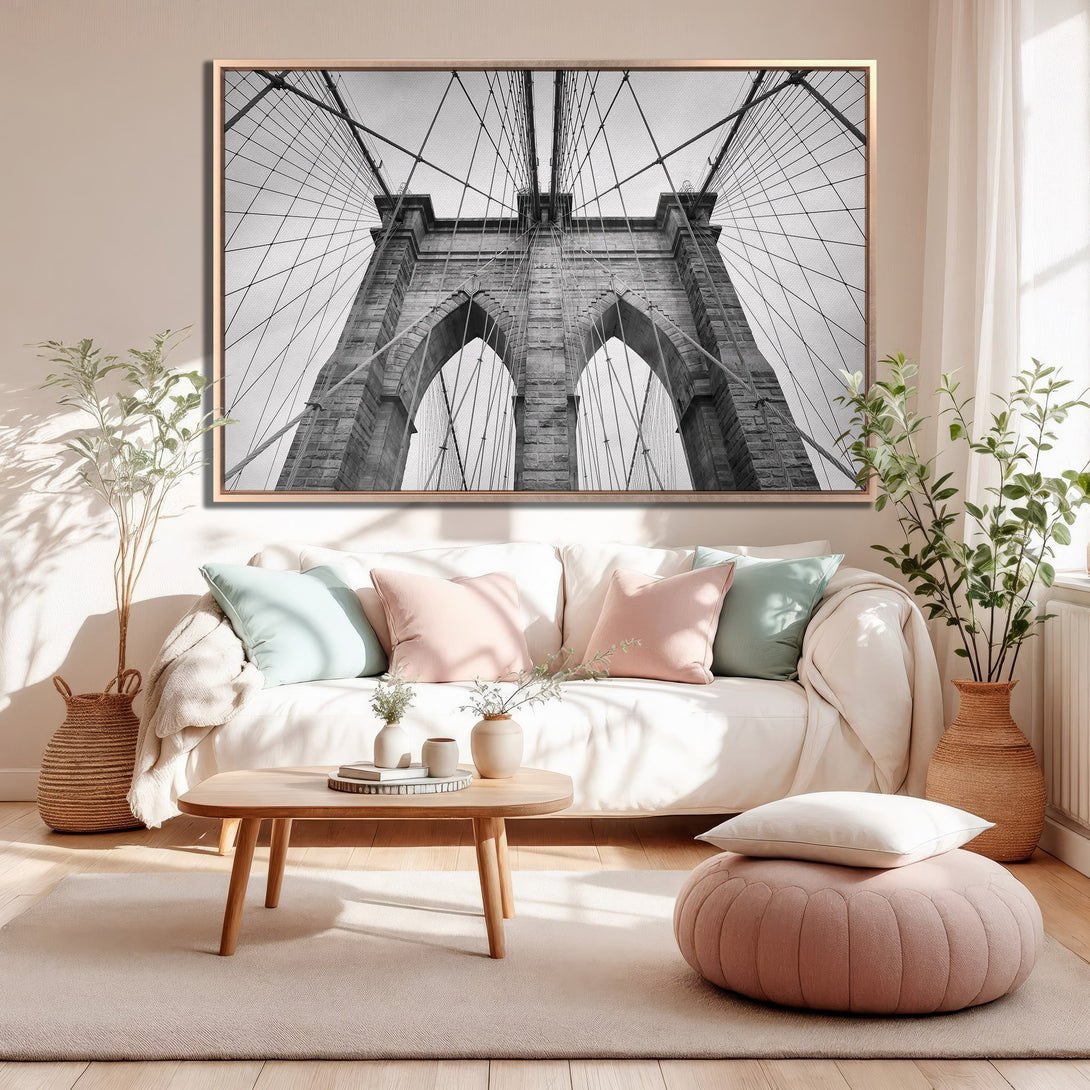 Framed Wall Art: Brooklyn Bridge Canvas Print in black and white. Modern decor with neutral tones, perfect for living room or bedroom.