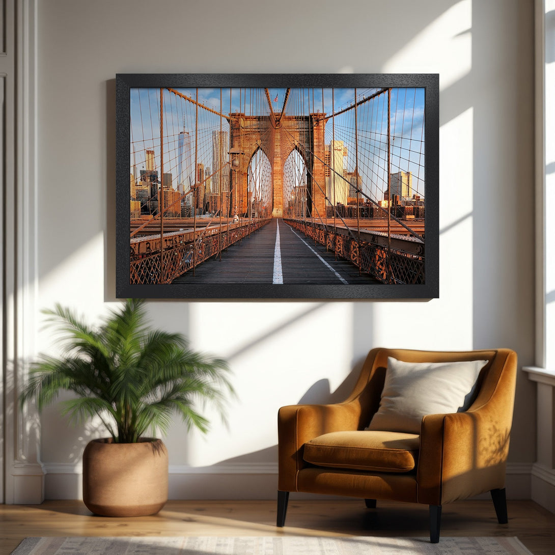 Framed Poster of Brooklyn Bridge in warm tones. Capture the beauty of NYC with this stunning wall art. Perfect for any home!