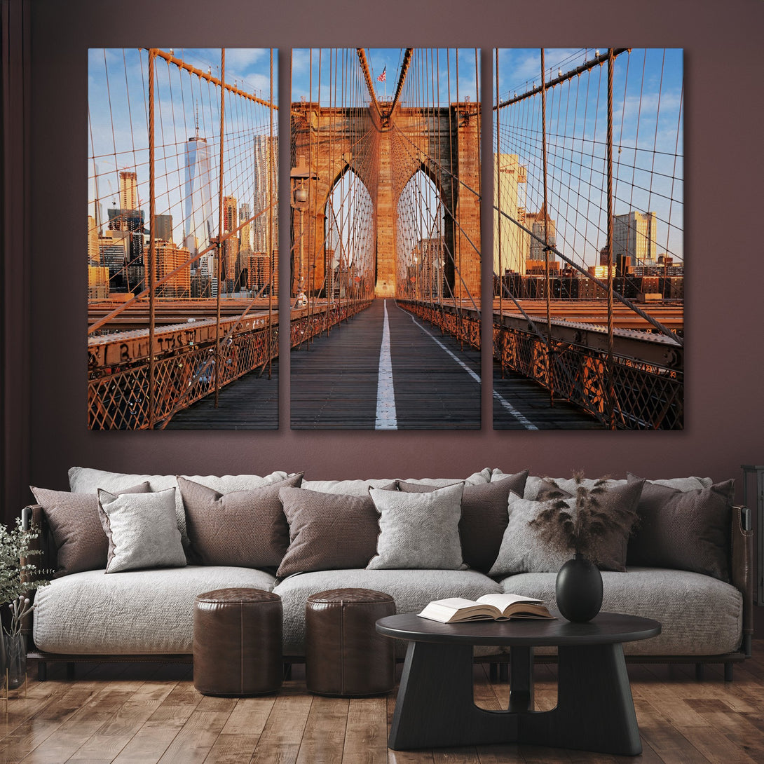 Canvas Print of the Brooklyn Bridge in warm tones. Modern wall art featuring a cityscape, perfect for living room decor.