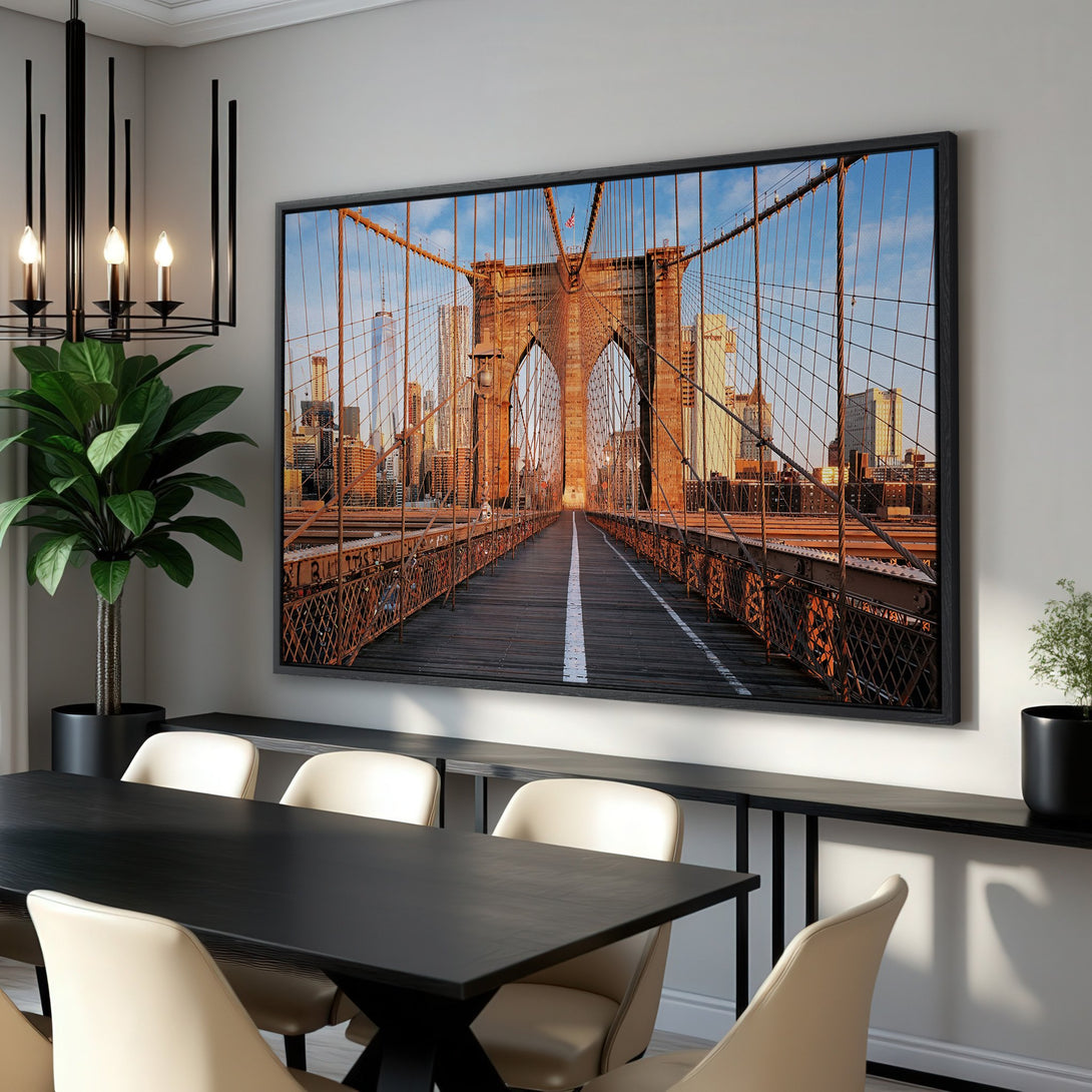 Framed Wall Art featuring the Brooklyn Bridge. Modern style with warm, earthy tones. Perfect for adding a touch of New York to your home decor.