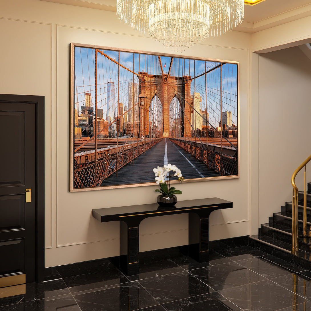Framed Wall Art: Brooklyn Bridge Canvas Print. Warm, inviting colors. Cityscape art for modern home decor. Enhance your space with stunning wall art.