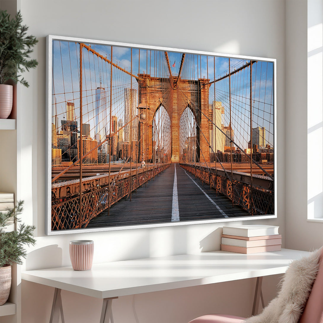 Framed Wall Art of Brooklyn Bridge in warm tones. Capture the iconic NYC landmark with this stunning canvas print, perfect for any space!