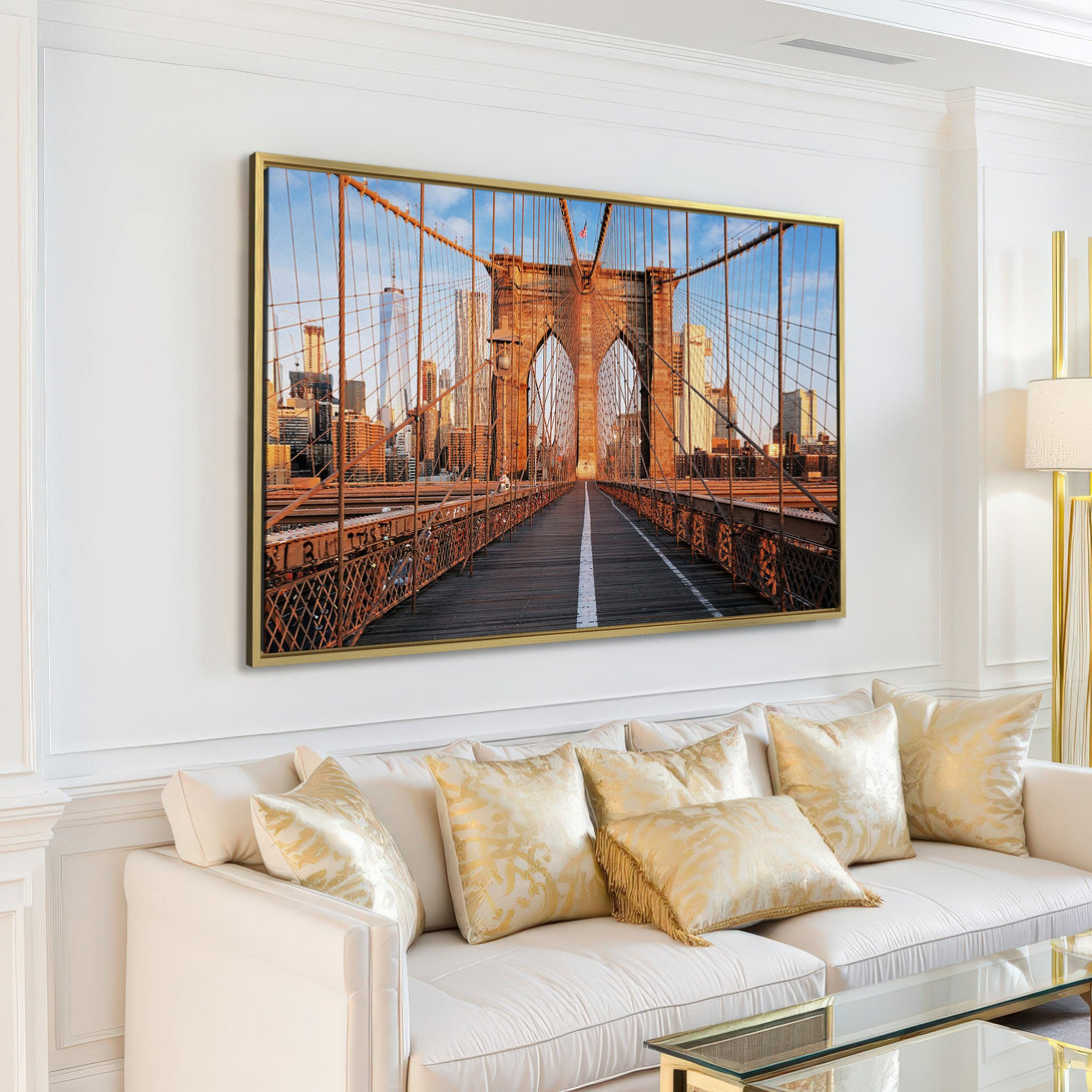 Canvas Print of Brooklyn Bridge, warm tones, modern interior decor. Bring the iconic NYC landmark to your home!