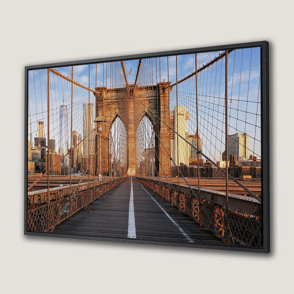 Framed Wall Art of Brooklyn Bridge at sunset. Capture the iconic NYC landmark in warm, inviting tones. Perfect for modern home decor.