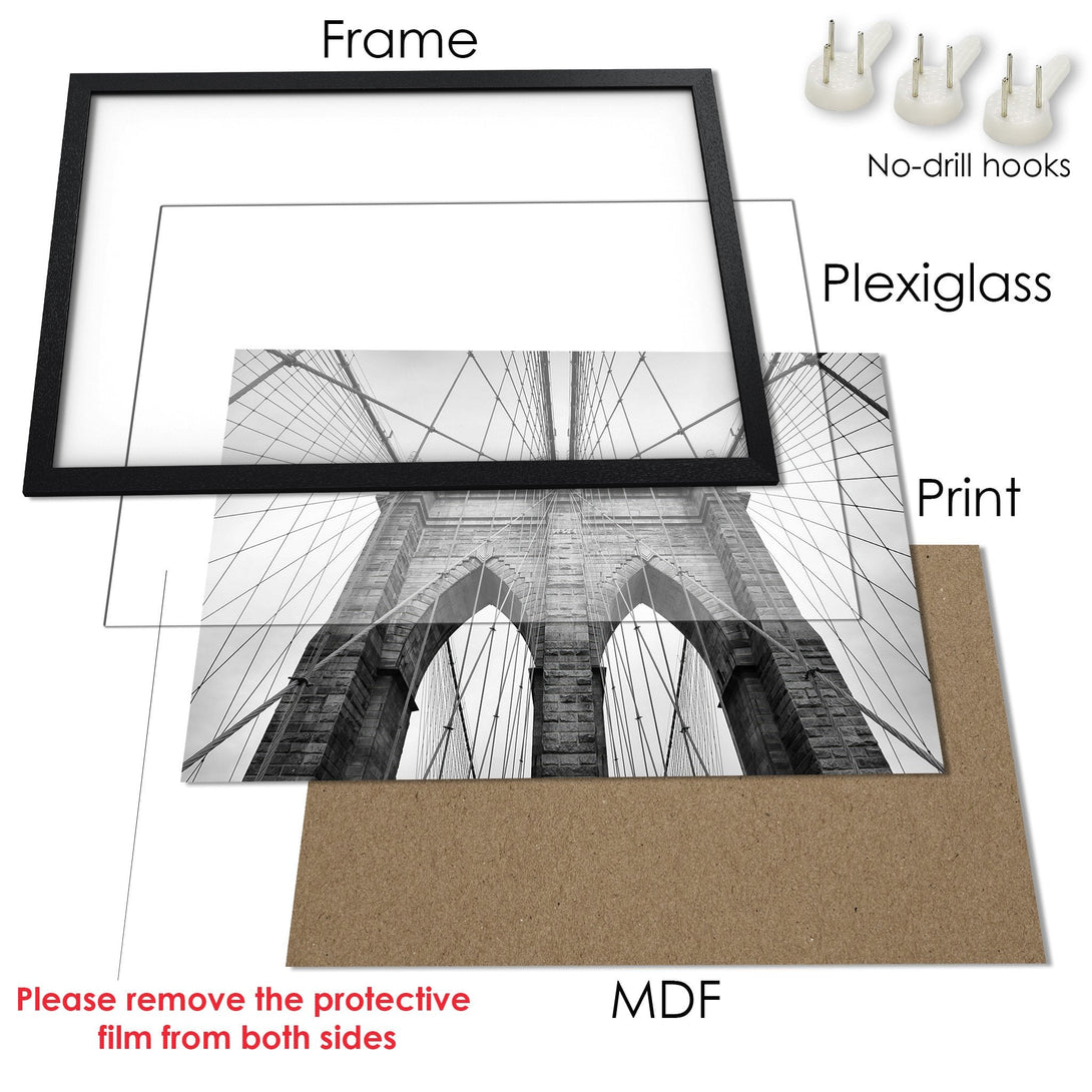 Framed Poster featuring a black and white Brooklyn Bridge photo. Modern, minimalist style. Perfect wall art for any space.