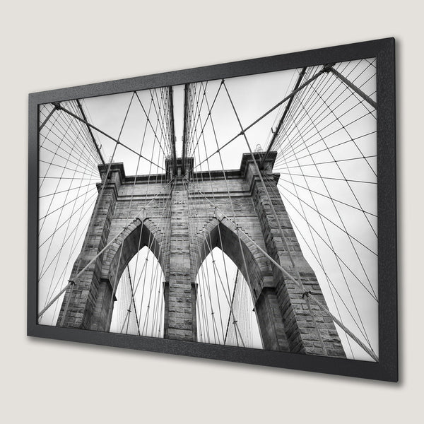 Framed Poster of Brooklyn Bridge in grayscale. Modern art print for your home. Iconic architecture decor.