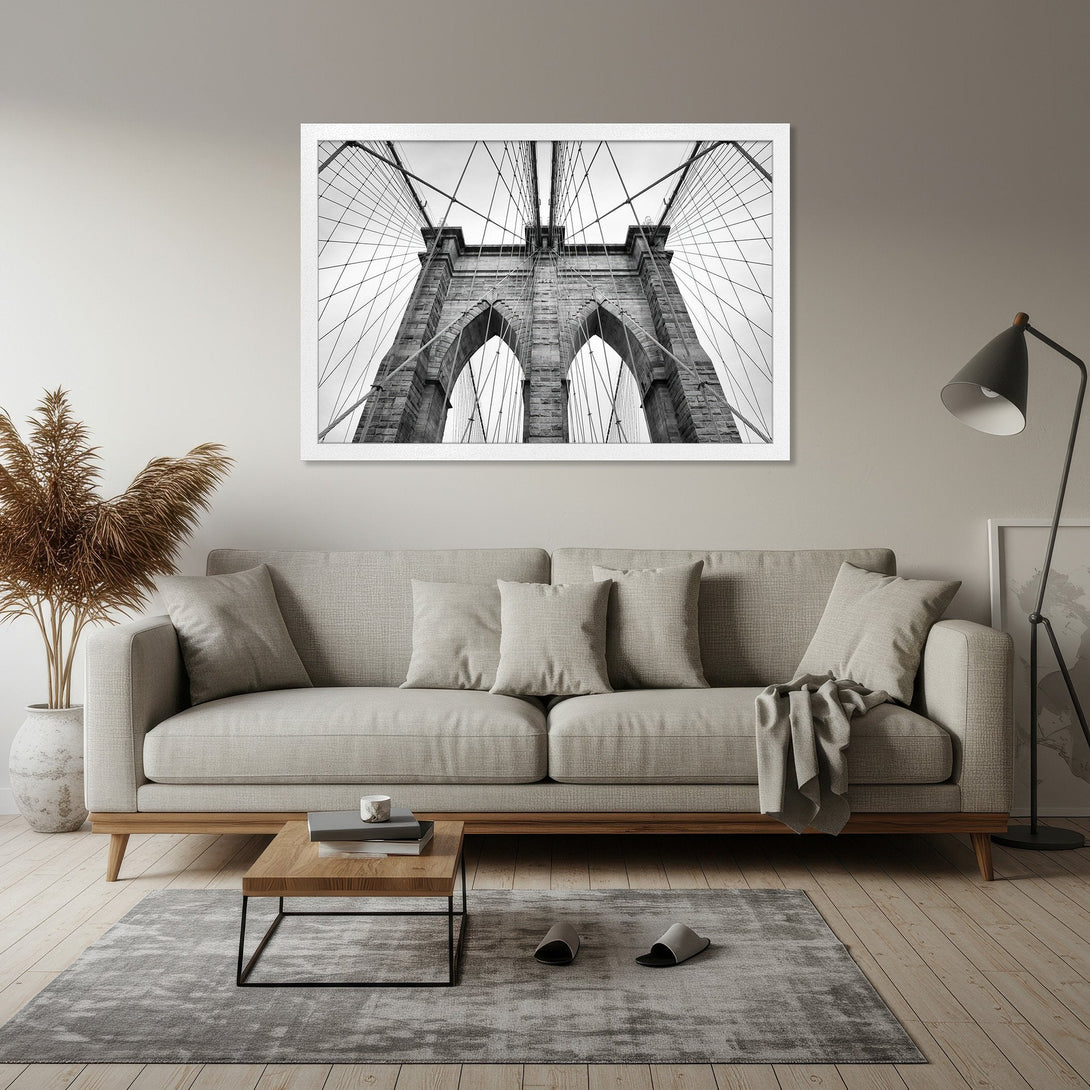 Framed Poster of Brooklyn Bridge in black and white, minimalist style, neutral color palette. Perfect wall art for modern decor.