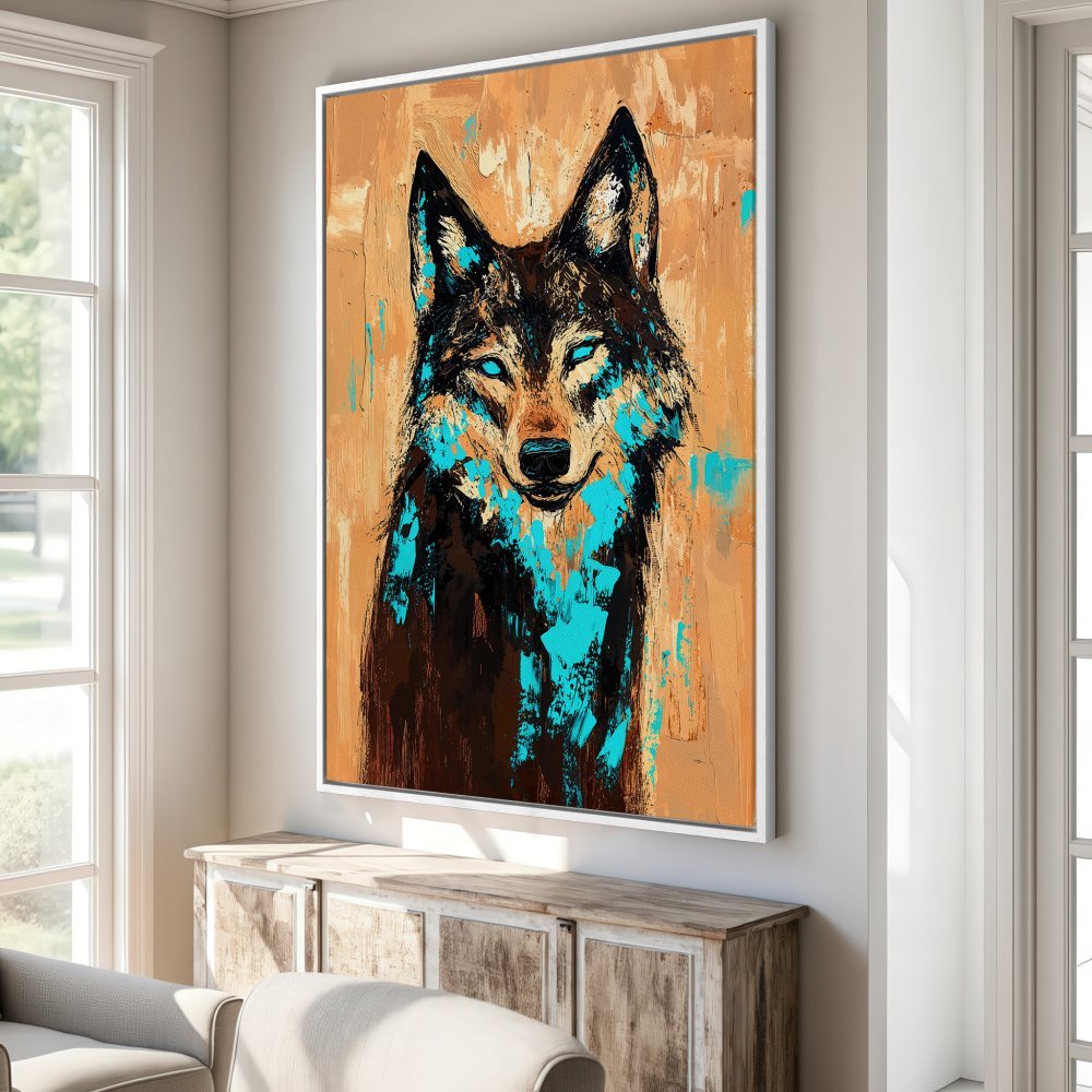 Framed Wall Art: Stunning abstract wolf portrait in brown, teal, and gold. Elevate your space with this captivating Canvas Print!
