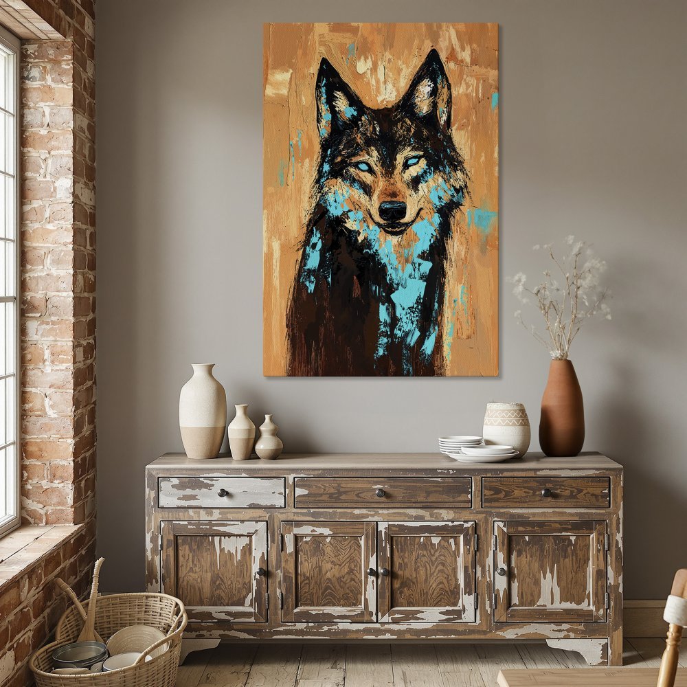 Framed Wall Art: Abstract wolf portrait in brown, teal, and gold. Modern canvas print for living room or dining room decor.