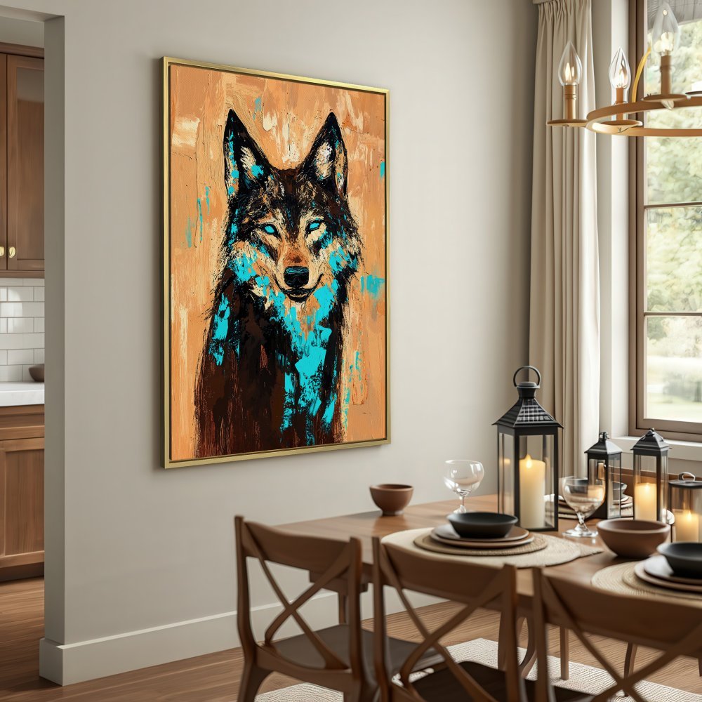 Canvas Print of a wolf in an abstract style with brown, turquoise, and gold hues. Perfect wall art for your home!