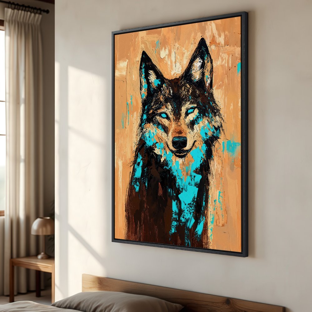 Framed Wall Art: Abstract wolf portrait with teal accents. Earth-toned palette creates a striking focal point for any room. Shop now!