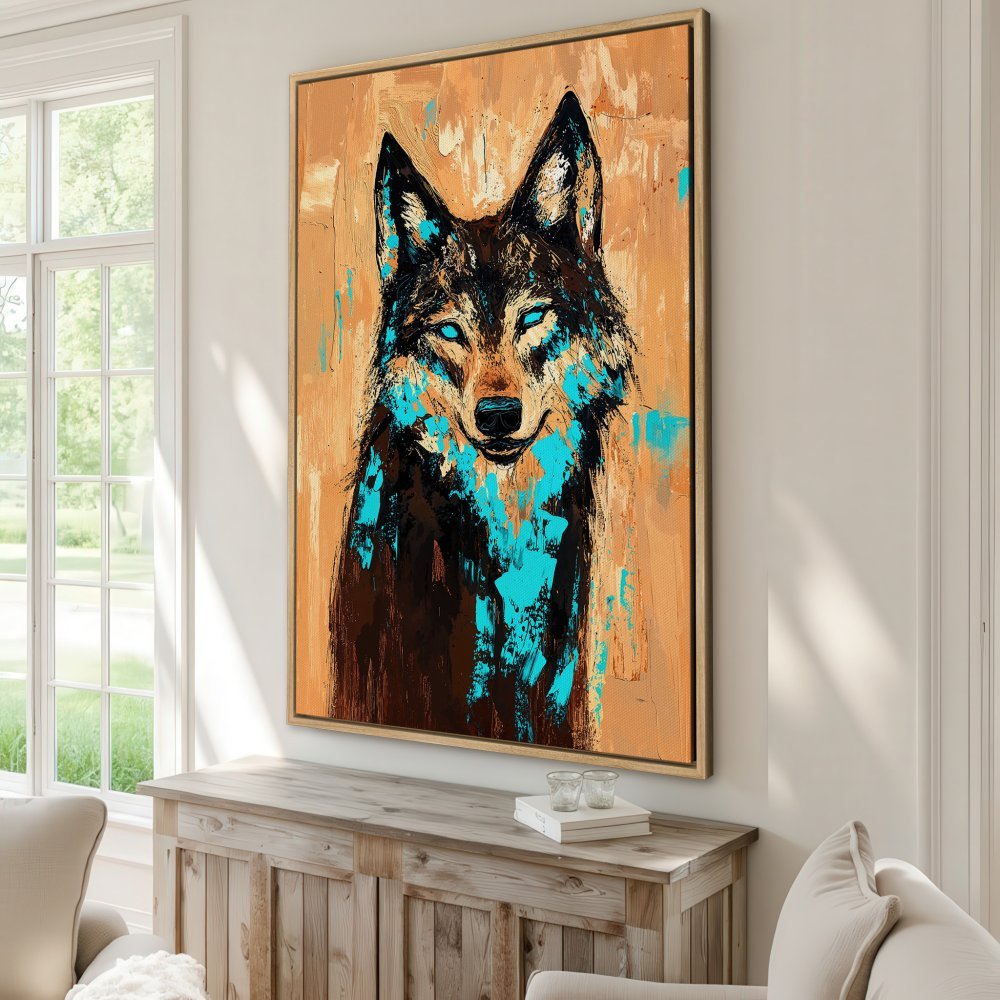 Framed Wall Art: Abstract wolf portrait in brown, teal, and gold. Add a touch of wilderness to your home with this stunning Canvas Print.