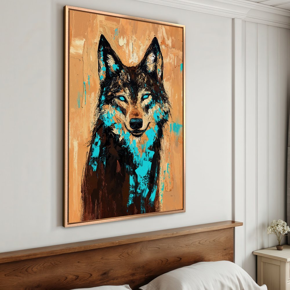 Framed Wall Art: Abstract wolf painting in warm tones with turquoise accents. Elevate your space with this stunning canvas print!