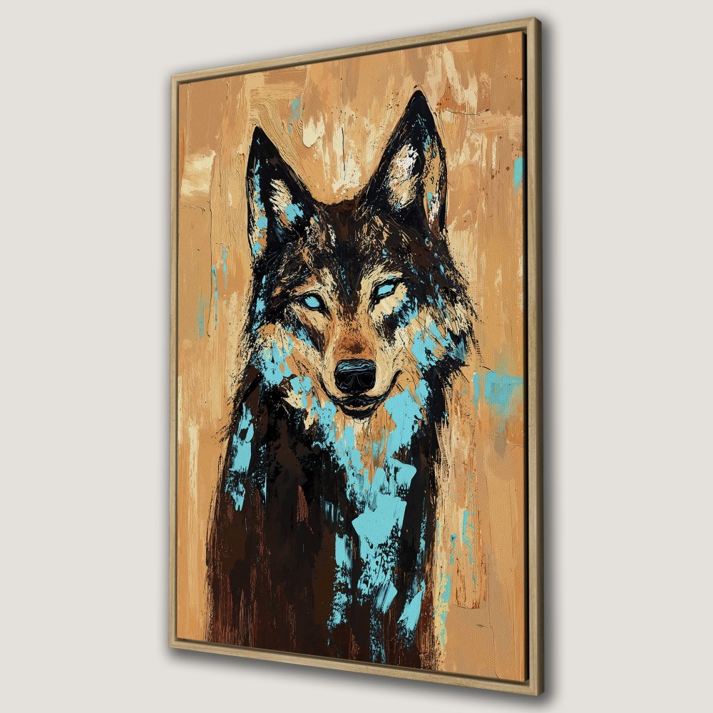Framed Wall Art: Abstract wolf portrait with teal accents and warm brown tones. Modern canvas print for a stylish home.