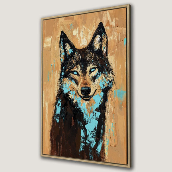 Framed Wall Art: Abstract wolf portrait with teal accents and warm brown tones. Modern canvas print for a stylish home.