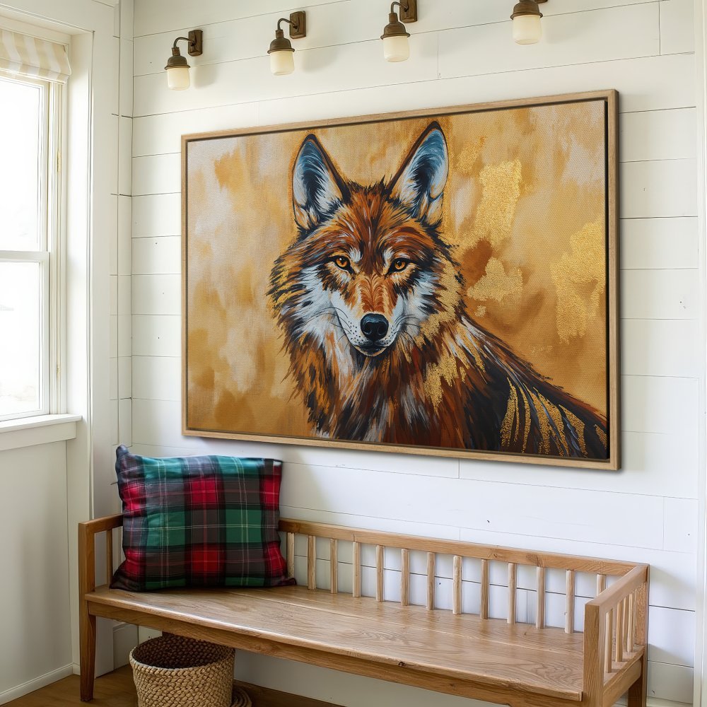 Framed Wall Art: Majestic wolf portrait in warm brown and gold tones. Elevate your space with this stunning animal art Canvas Print.