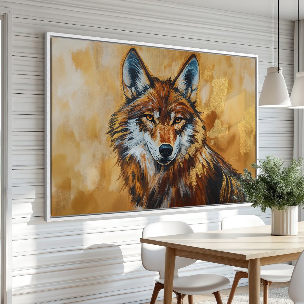 Framed Wall Art: Stunning wolf portrait in warm, earthy tones. Modern canvas print adds a touch of wild beauty to any space. Shop now!