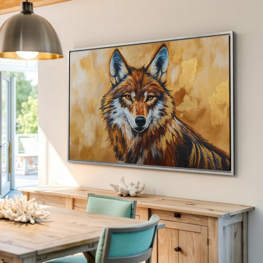 Framed Wall Art: Majestic wolf portrait in warm gold and brown tones. Stunning animal art Canvas Print for your home decor.