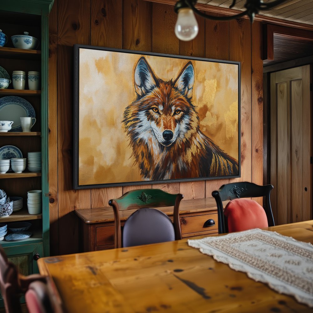 Framed Wall Art: Majestic wolf portrait in warm earth tones. Add a touch of nature and style to your home with this stunning Canvas Print.