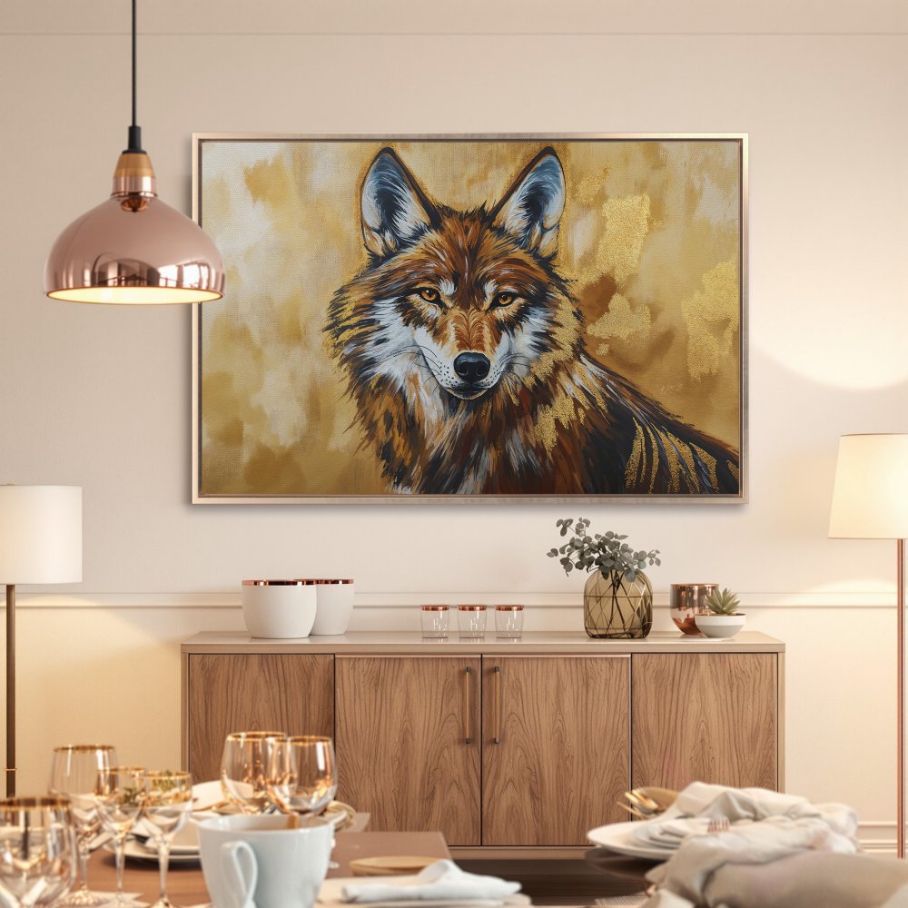 Framed Wall Art: Majestic wolf portrait in warm gold and brown tones. Add a touch of wilderness to your home with this stunning canvas print.
