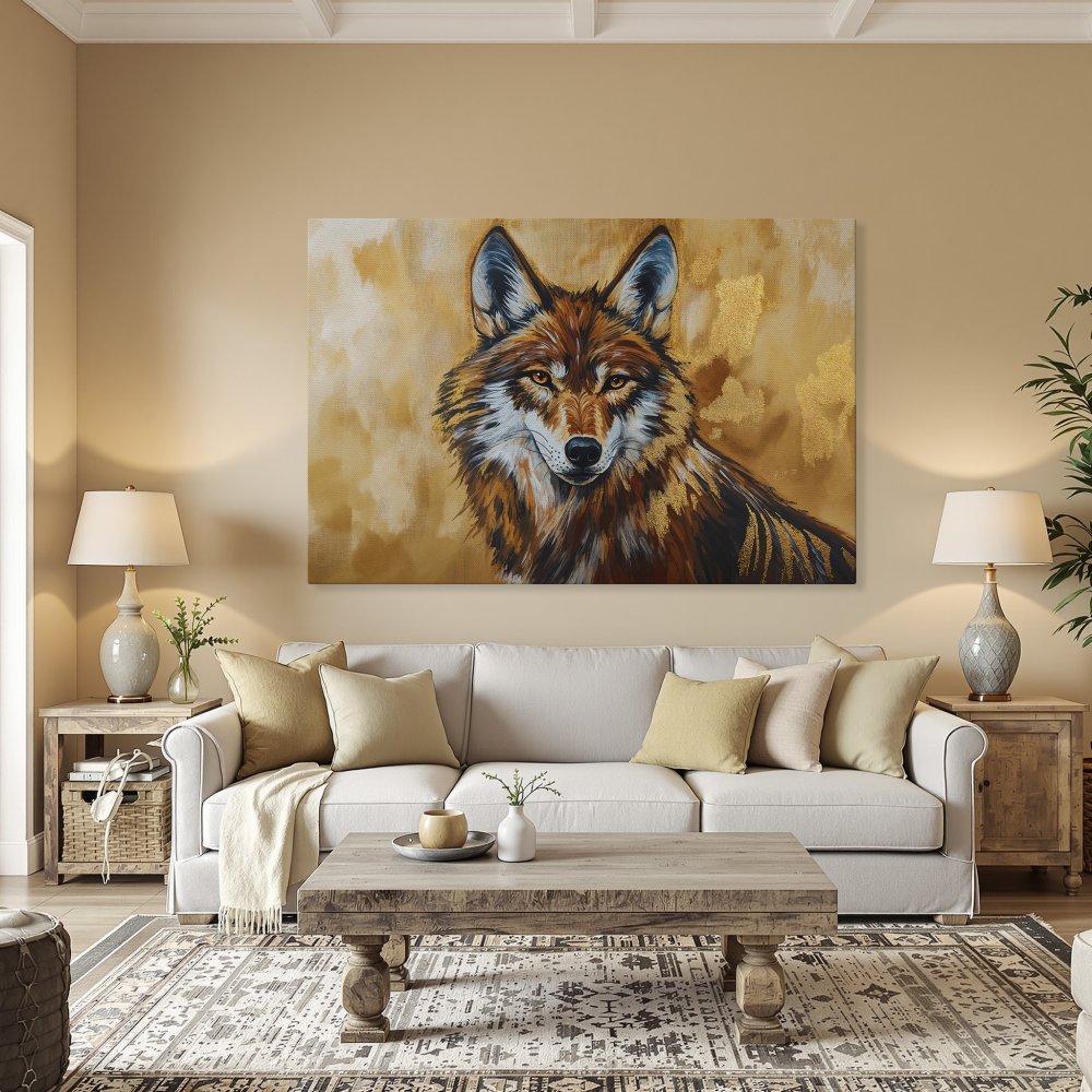 Framed Wall Art: Majestic wolf portrait canvas print in warm earth tones and gold accents. Perfect for adding a touch of wilderness to your home decor.