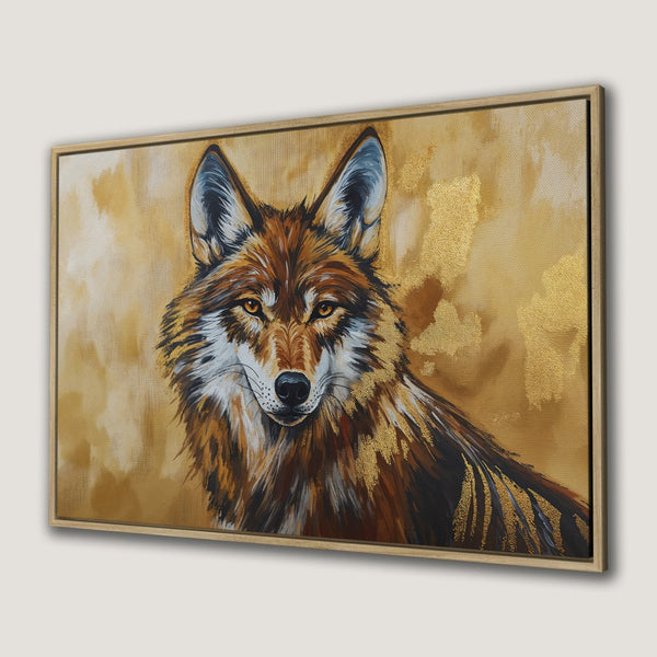 Framed Wall Art: Majestic wolf portrait in warm brown and gold tones. Modern canvas print perfect for living room decor.