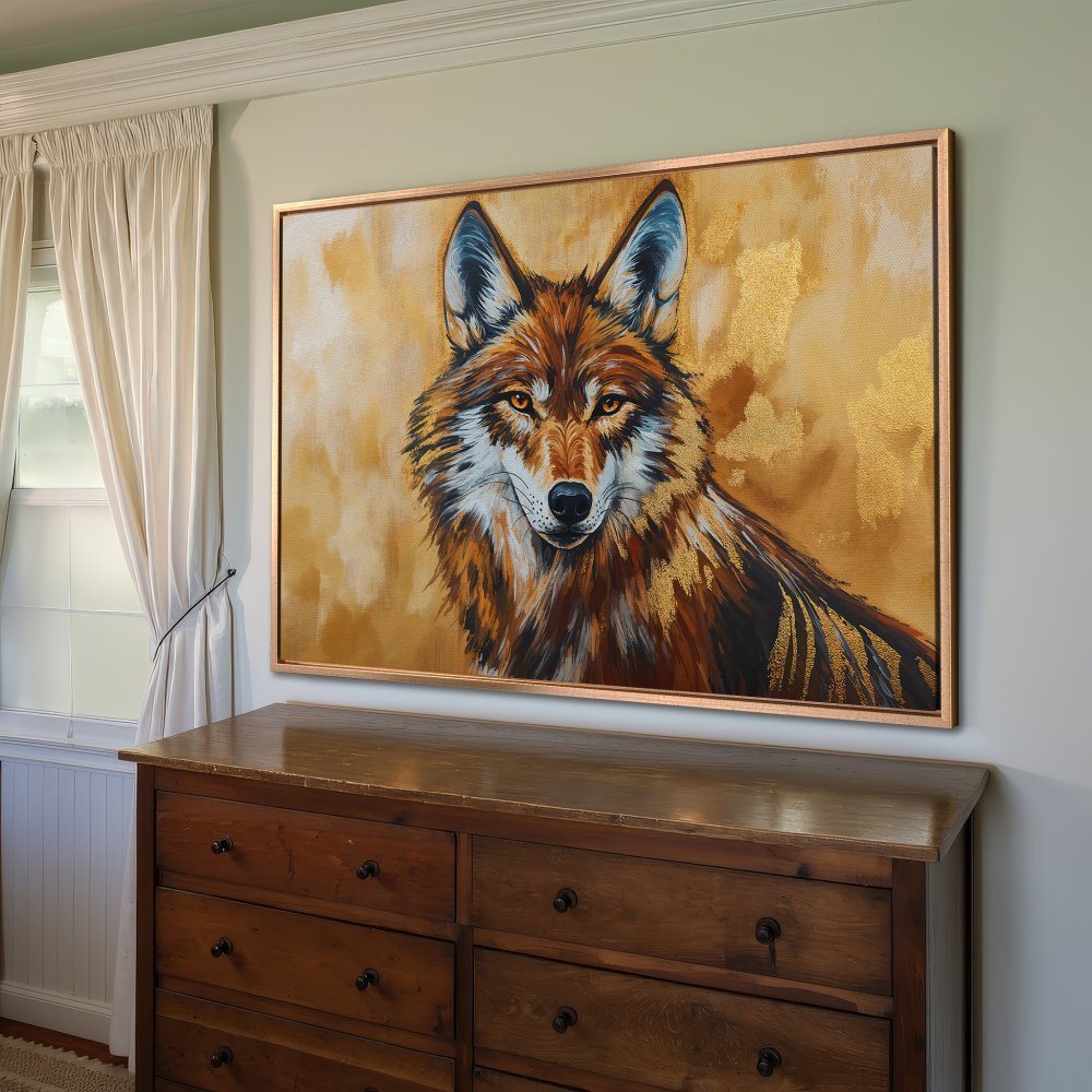 Framed Wall Art: Majestic wolf portrait in warm gold and brown tones. Modern canvas print adds a touch of wilderness to your home decor.