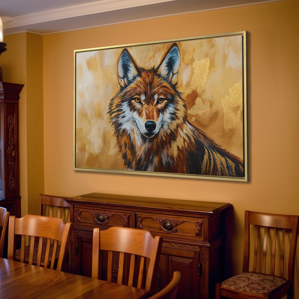 Canvas Print of a majestic wolf, warm brown & gold tones. Rustic style wall art for your living room.