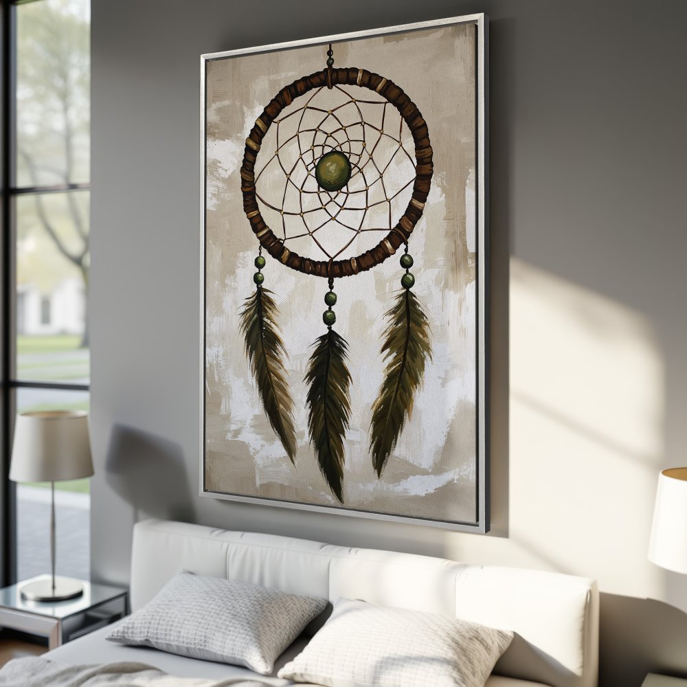 Framed Wall Art: Dreamcatcher canvas print in earthy tones. Bohemian style art with brown, green & beige palette. Perfect for bedroom decor.