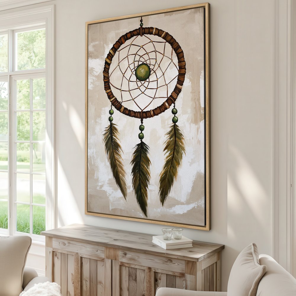Framed Wall Art: Dreamcatcher canvas print in neutral tones. Boho style artwork with brown, green, and beige color palette. Perfect for living room decor.