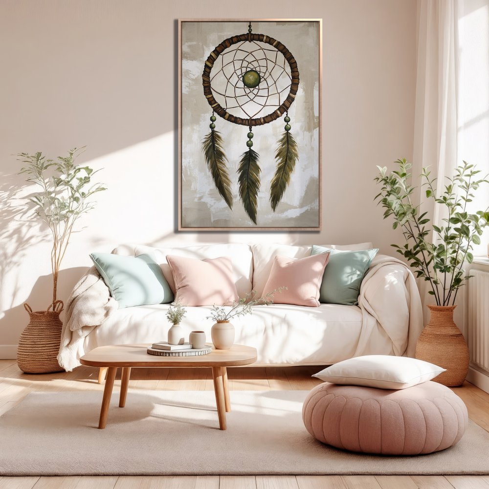 Framed Wall Art: Dreamcatcher print in neutral tones. Boho style decor with earthy color palette, perfect for living room or bedroom.