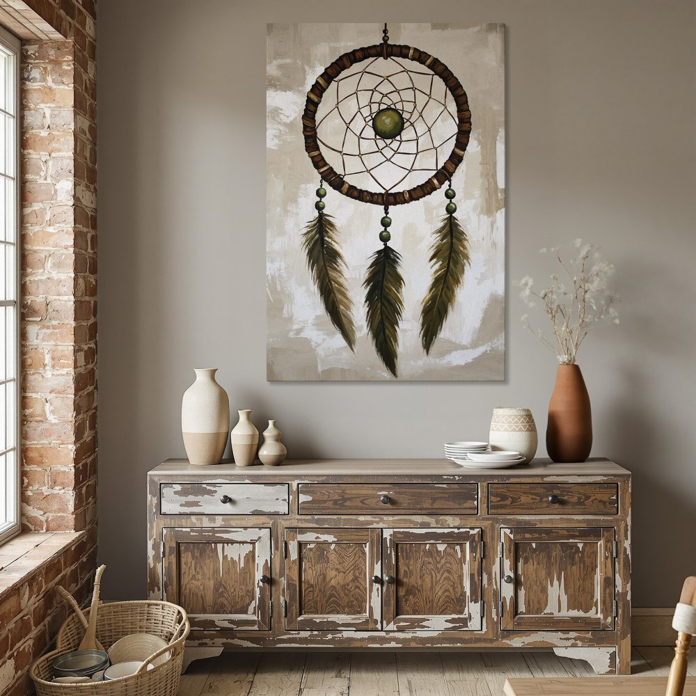 Framed Wall Art: Dreamcatcher Canvas Print in earthy tones. Rustic style wall decor with brown, green & beige color palette. Perfect for boho home decor.