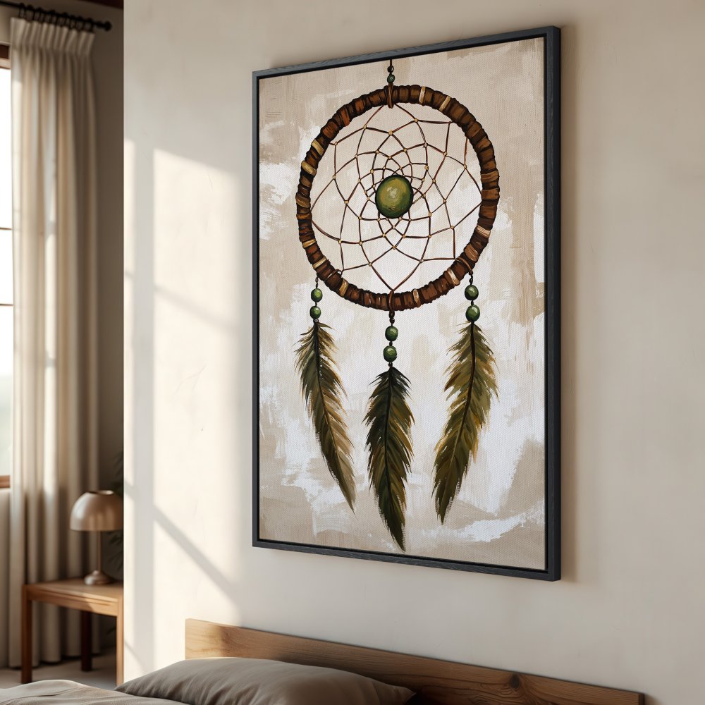 Framed Wall Art: Dreamcatcher painting in neutral tones. Bohemian style canvas print with brown, green, and beige color palette. Perfect for bedroom decor.