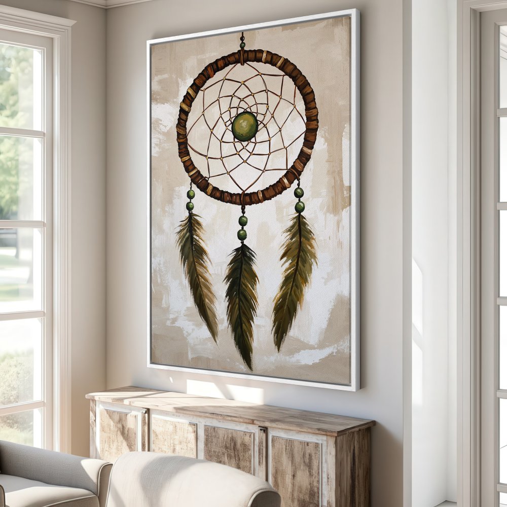 Framed Wall Art: Dreamcatcher painting in earthy tones. Boho style Canvas Print with brown, green, and beige palette, perfect for home decor.